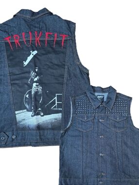 Trukfit Studded Denim Embroidered Skate Lil Wayne Men's Cutoff Vest Size XL VGUC